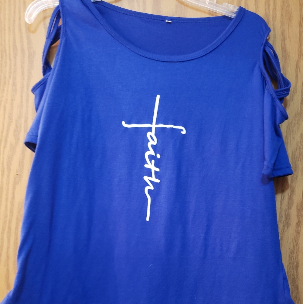 Beautiful, royal blue, cold shoulder blouse with "Faith" on front. Like new.